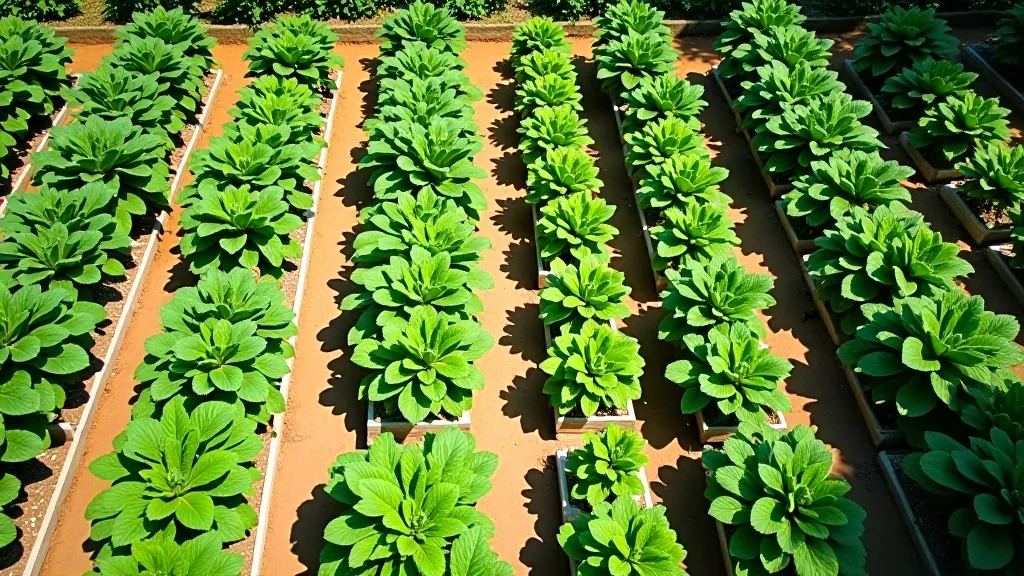 Aerial view of community garden plots with organized rows of vegetables and pathways between beds