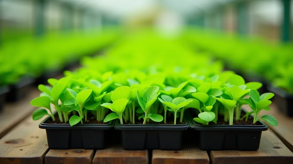 Seedling trays with green vegetable sprouts ready for transplanting into raised garden bed